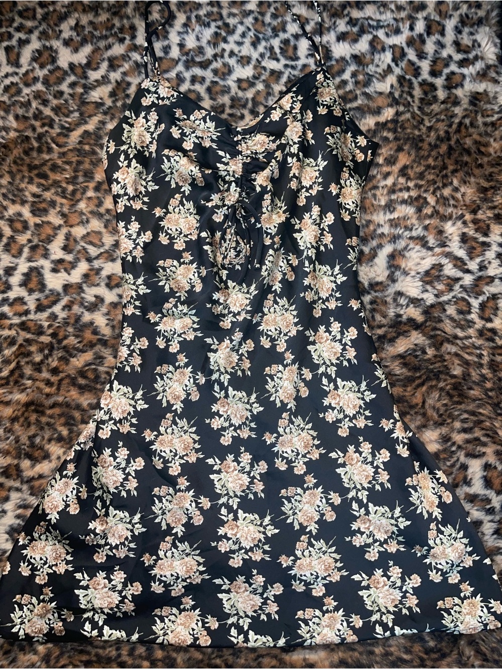 Black floral satin mini dress